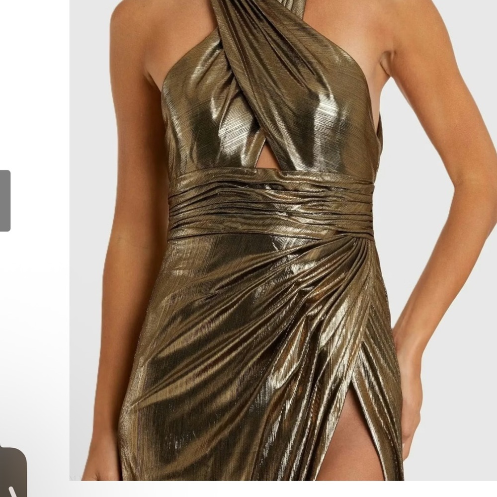NWT Mac Duggal Metallic Gold Cross Halter Evening Gown
